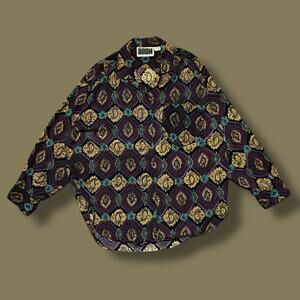 Vintage 80s Rayon Shirt Paisley Retro Print Button Up Long Sleeve Nepal Large